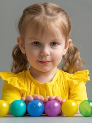 An autistic young girl in a yellow dress focuses on aligning colorful balls in a sequence